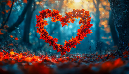 Vibrant fall foliage forms a tender heart shape on forest ground, bathed in warm sunset glow, evoking warmth, love, and seasonal beauty.の写真素材