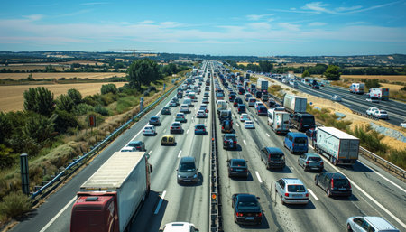 Heavy traffic on a10 highway to bordeaux on a hot summer day with cars, vans, buses, and trucksの写真素材