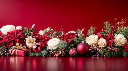 Elegant holiday centerpiece featuring vibrant roses, bright poinsettias, shimmering ornaments, and lush greenery against a bold red backdrop.の写真素材