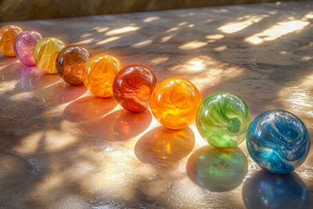 Vibrant glass spheres aligned on a sunlit table create playful reflections and shadows, evoking a cheerful, nostalgic mood ideal for playful or nostalの写真素材