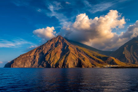 A towering volcanic peak emerges dramatically from the sea, surrounded by gentle waves and a sky dotted with soft, drifting clouds, evoking awe and seの写真素材