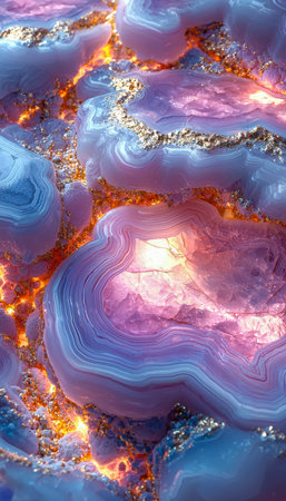A dazzling mix of deep purples, luminous blues, and soft pinks intertwine in swirling designs,...