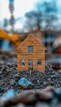 A detailed clay model of a brick house placed on a construction terrain, with a soft-focus background highlighting planning and development.の写真素材