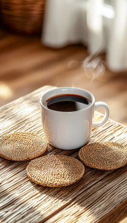 Cozy scene of aromatic coffee in a white ceramic mug paired with crunchy sesame cookies on a textured wooden surface, evoking warmth and comfort.の写真素材