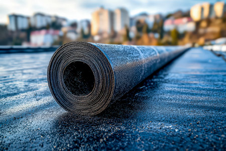 An up-close view of a dark water-resistant membrane coiled on a rooftop, with a bustling city skyline behind, highlighting modern construction.の写真素材