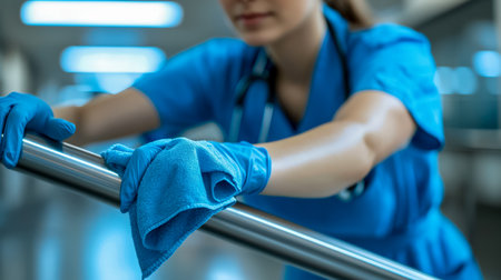 A diligent healthcare professional sanitizes a stainless steel handrail with a cloth and gloves, ensuring a sterile environment in a clinical setting.の写真素材