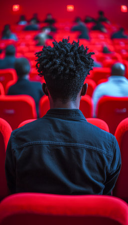 A person with lively, textured curls reclines in plush seating, engrossed in an event under warm lighting, evoking curiosity and anticipation.の写真素材