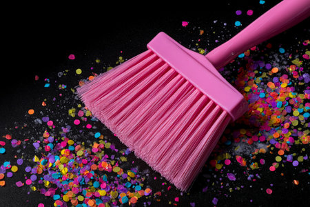 A vibrant pink scrub brush lies on a dark, textured surface, surrounded by scattered multicolored confetti, evoking celebration and playful cleanlinesの写真素材