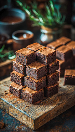 Melted chocolate chunks and rich crumbly layers invite indulgence on a textured wooden platter amidst lush garden hints.の写真素材