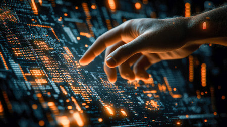 A detailed shot of a hand reaching out to digital luminescent graphics, symbolizing innovation, tech...