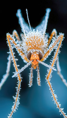 A detailed macro image of an icy-coated mosquito reveals intricate veins and tiny leg joints wings...