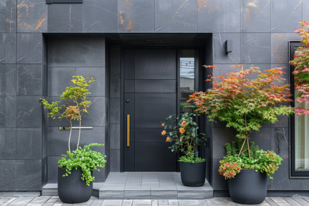 Contemporary black front entry door with lush greenery on modern building facadeの写真素材