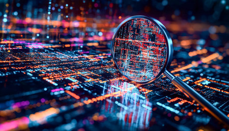 A close-up of a hand holding a magnifying glass over glowing digital nodes and lines, highlighting data flow within a high-tech network interface.の写真素材