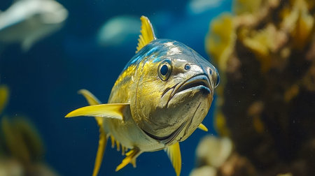 Vibrant, multi-hued fish glides past intricate coral formations, evoking a lively underwater scene...