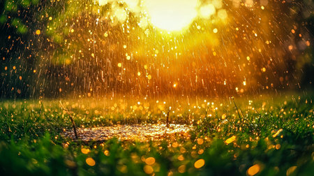Dew-kissed blades glow with tiny rain droplets shimmering in bright sunlight, creating a lively, fresh outdoor landscape full of vitality and color.の写真素材