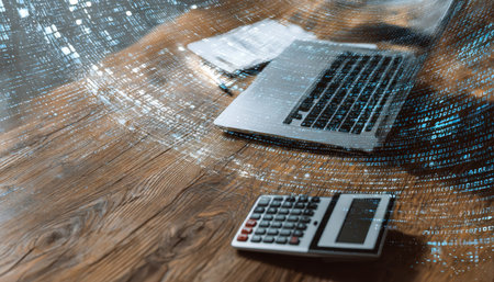 A cozy workspace featuring a laptop and calculator on a wooden surface, illuminated by dynamic data...