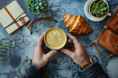 Cozy home office setup for a writer with man's hands, croissant, coffee, notebooks, and succulents