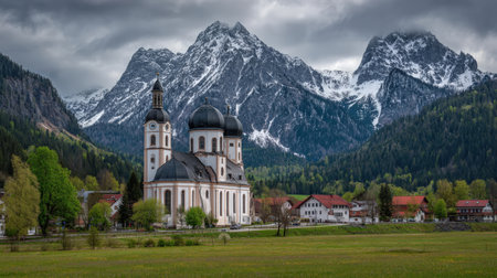 A charming alpine village featuring an old stone church surrounded by lush greenery, framed by majestic snow-covered mountains under a cloudy sky.の写真素材