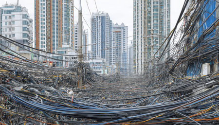 A chaotic maze of tangled cables against sleek urban towers, evoking urban overload and...