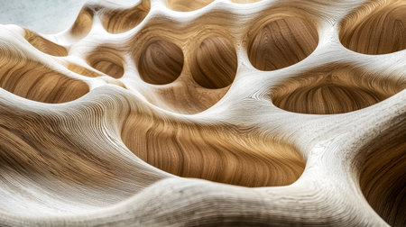 A detailed view of smooth, varnished timber featuring evenly spaced round openings and intricate...