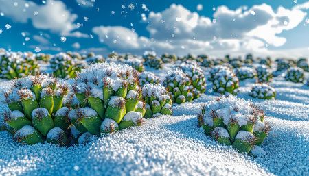 Spiny succulents blanketed in snow amid a chilly winter scene, delicate snowflakes drifting down, creating a serene, frost-kissed desert atmosphere.の写真素材