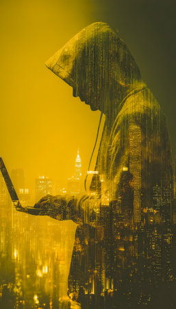 A modern individual immersed in work on a laptop, illuminated by vibrant city lights blending with a digital overlay at dusk.の写真素材