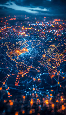 A vibrant digital globe displays glowing city hubs and interconnected lines, symbolizing global connectivity and advanced technological networks at niの写真素材