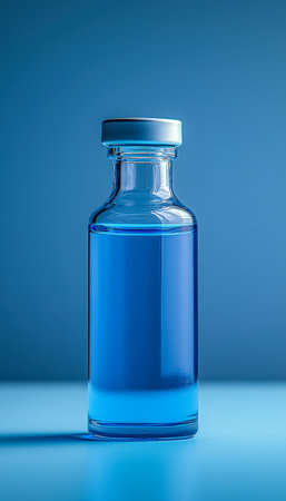 A sleek glass container holding vibrant cobalt-blue fluid, set against a soft gradient blue backdrop, evoking a modern scientific or pharmaceutical atの写真素材
