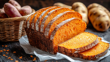 Juicy orange-carrot bread slices glow warmly on weathered wood, with earthy sweet potatoes hinting...