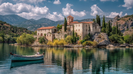 A weathered stone church nestles beside a tranquil lake, surrounded by majestic peaks, with a wooden boat gently drifting on shimmering waters.の写真素材