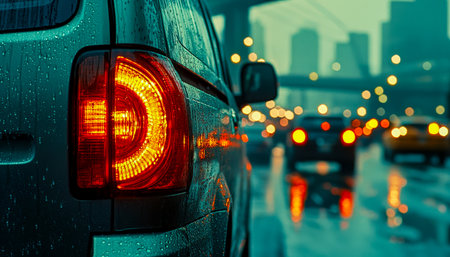A glossy, rain-soaked taillight reflects city lights on a slick asphalt surface, creating a moody, atmospheric scene of nocturnal urban life.の写真素材
