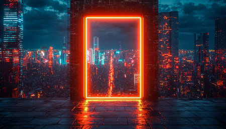 A luminous neon archway invites exploration into a shimmering urban horizon illuminated by towering skyscrapers under a midnight sky, blending innovatの写真素材