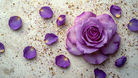 A vibrant purple bloom with delicate scattered petals and shimmering glitter, set against a pristine white background, evoking elegance and romance.の写真素材