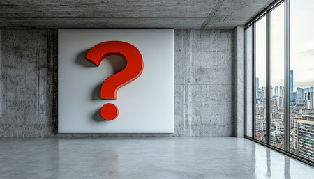 Bold crimson question symbol adorns a sleek, white interior wall, set against expansive city views through towering glass panels, evoking curiosity anの写真素材