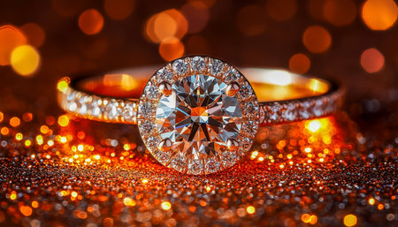 A dazzling diamond ring with a rounded halo design rests on a shimmering gold surface, exuding luxury, romance, and timeless elegance.の写真素材