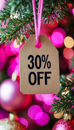 A decorated pine tree displays a prominent discount sign amidst shimmering, colorful light circles...