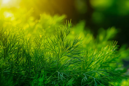 Vibrant green dill sprigs illuminated by warm sunlight, showing intricate leaf textures perfect for culinary, health, or decorative uses.の写真素材
