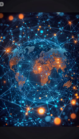 A luminous digital sphere displaying glowing lines and data nodes, symbolizing worldwide...