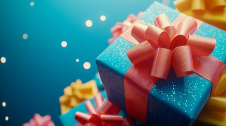 A vibrant blue present adorned with a silky pink bow and elegant curls, set against a lively...