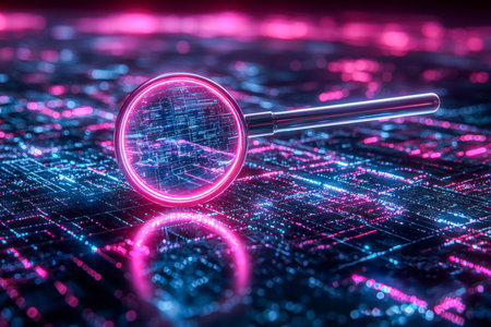 A sleek, holographic device hovers above a luminous matrix of interconnected data points in vibrant pink and blue hues, evoking a high-tech analyticalの写真素材