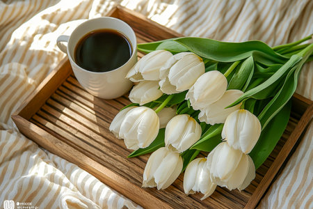 Elegant white tulips rest beside a steaming coffee cup on a rustic wooden tray, all framed by a softly patterned striped cloth for a cozy ambiance.の写真素材