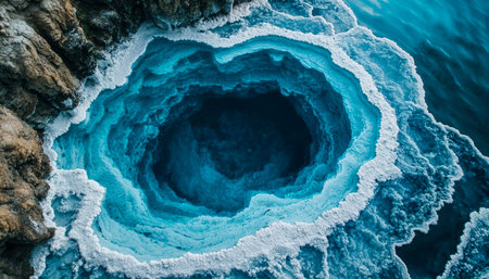 Rugged shoreline reveals a hidden cavern with shimmering icy perimeters and tranquil, deep blue waters inviting exploration and serenity.の写真素材