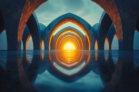 Elegant archways stretch across a tranquil lake, their surfaces shimmering with a fiery sunset glow that mirrors perfectly on serene waters.の写真素材
