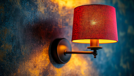 A cozy ambiance created by an elegant red-shaded wall lamp illuminating a textured indigo backdrop,...