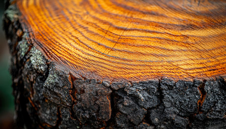 Detailed view of a burnt tree base revealing vivid concentric rings and rugged, textured bark,...