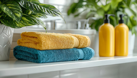 Soft pastel towels are precisely stacked on a bathroom surface, complemented by a vibrant green plant and cheerful soap bottles, creating a fresh, invの写真素材