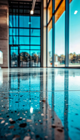 Bright contemporary space featuring expansive glass panes that mirror natural light and scenic outdoor views, creating an open and inviting atmosphereの写真素材