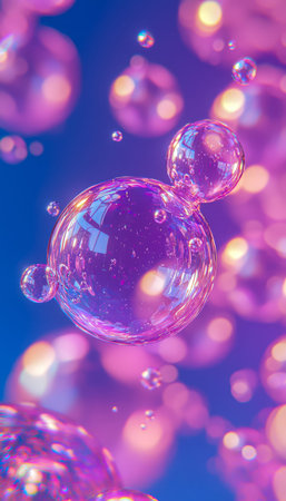 Bright, translucent spheres drift against a lively, multicolored backdrop, creating a dynamic and...