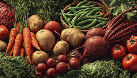 Vibrant, farm-fresh produce arranged in a colorful display, evoking health and nature's bounty with a variety of textures and rich earth tones.の写真素材