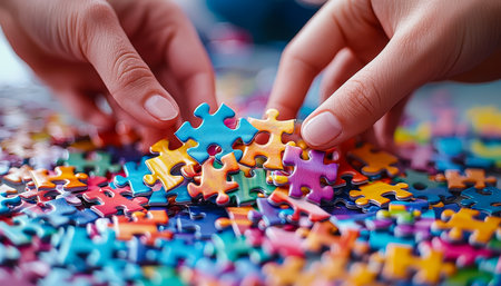 Close-up of hands fitting vibrant puzzle fragments together on a wooden surface, conveying teamwork, problem-solving, and creativity in a bright, inspの写真素材
